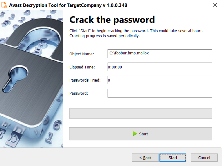 Avast Decryption Tool for TargetCompany screenshot